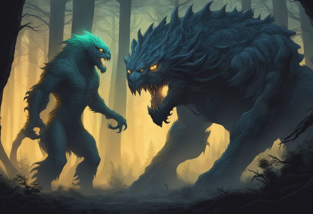 Two monstrous creatures face off in a dark, eerie forest, illuminated only by the eerie glow of their supernatural powers